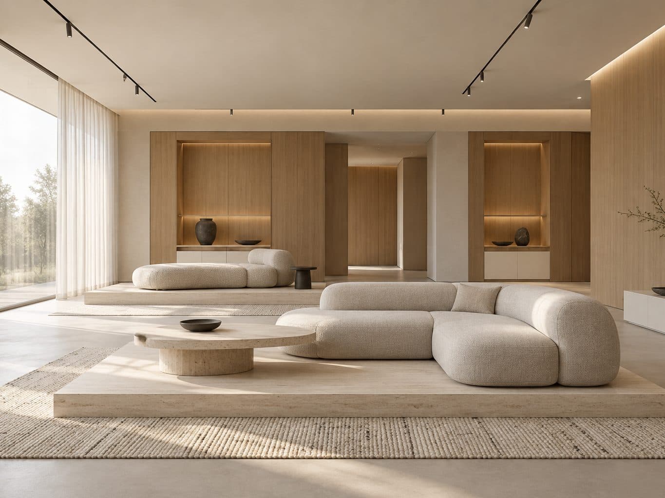 Ảnh minh hoạ do AI tạo: showroom nội thất với sofa thấp đặt trên bục đá và hốc tường có đèn