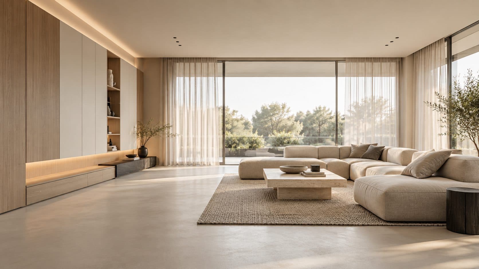 Ảnh minh hoạ do AI tạo: phòng khách phong cách tối giản với sofa module màu be, vách gỗ sồi và cửa kính lớn có rèm voan